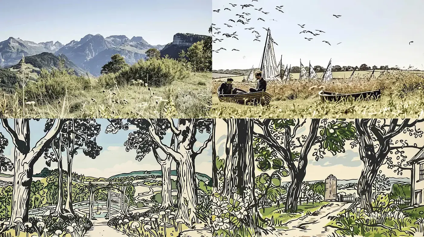 Serene Landscapes with Artistic Vibrancy and Nostalgic Charm - Midjourney sref style