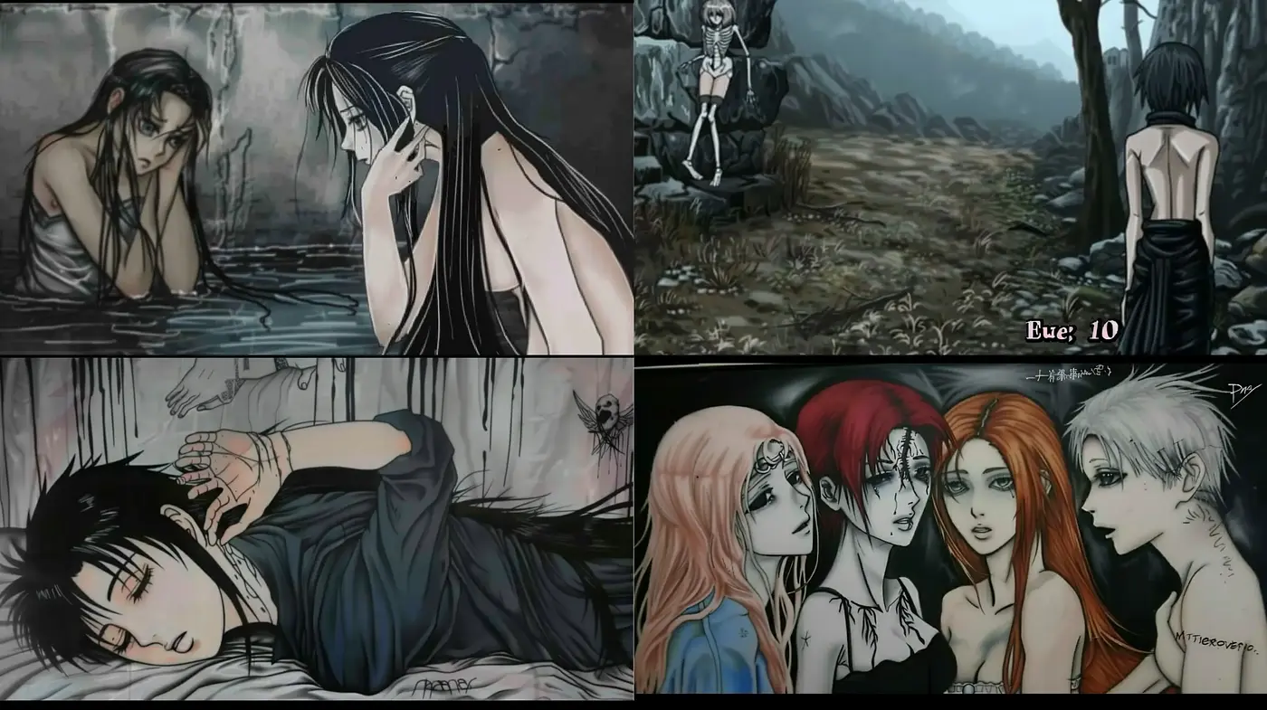 Melancholic Tones in Stylized Noir Manga Illustrations - Midjourney sref style