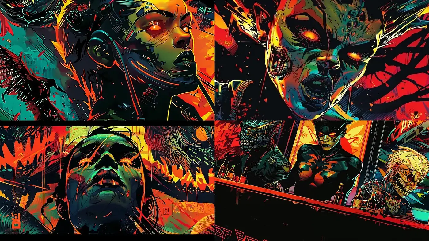 Vibrant Cyberpunk Aesthetic with a Dark, Intricate Flair - Midjourney sref style