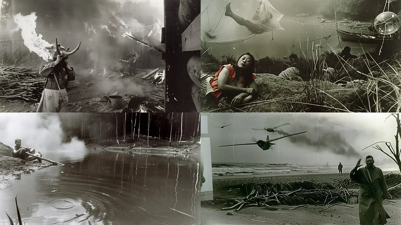 Monochromatic Elegy: A Melding of Surrealism and Cinematic Nostalgia - Midjourney sref style