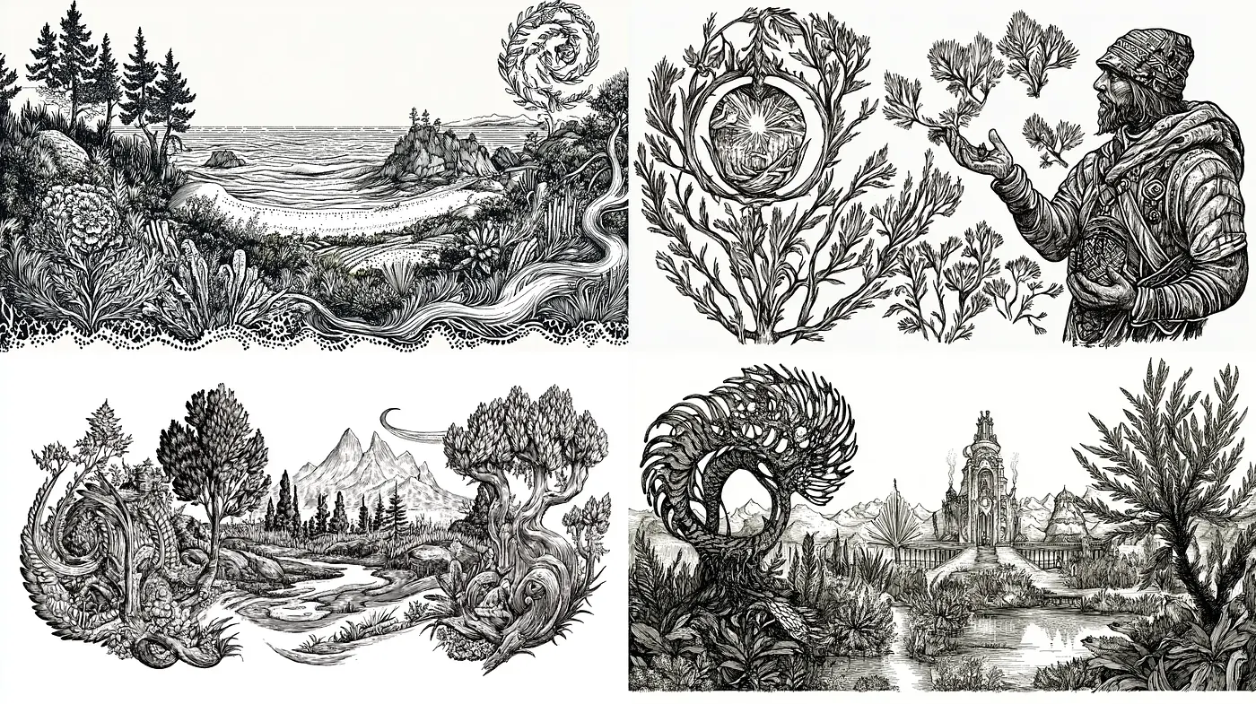 Monochromatic Engravings of Pastoral Elegance - Midjourney sref style