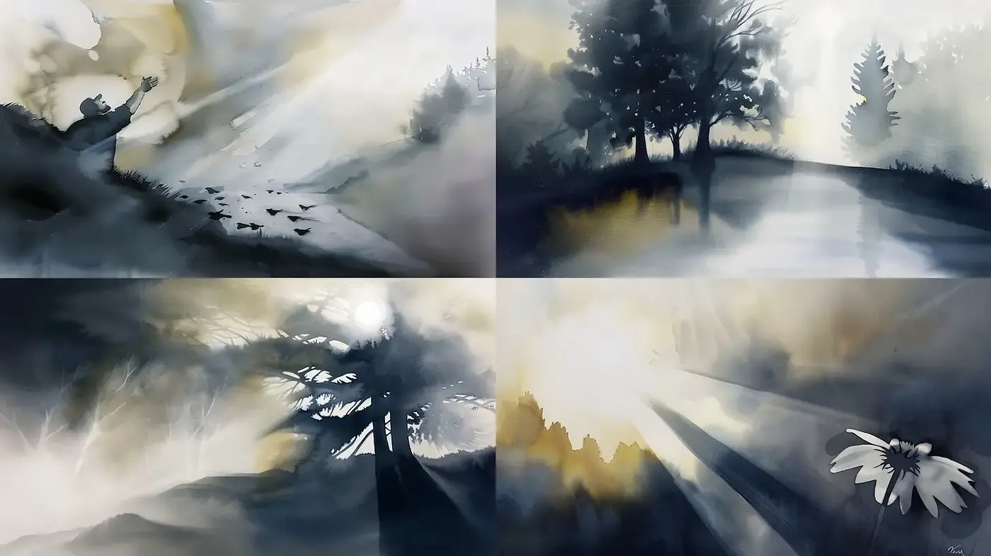 Ethereal Landscapes with a Serene Atmosphere and Watercolor Technique - Midjourney sref style
