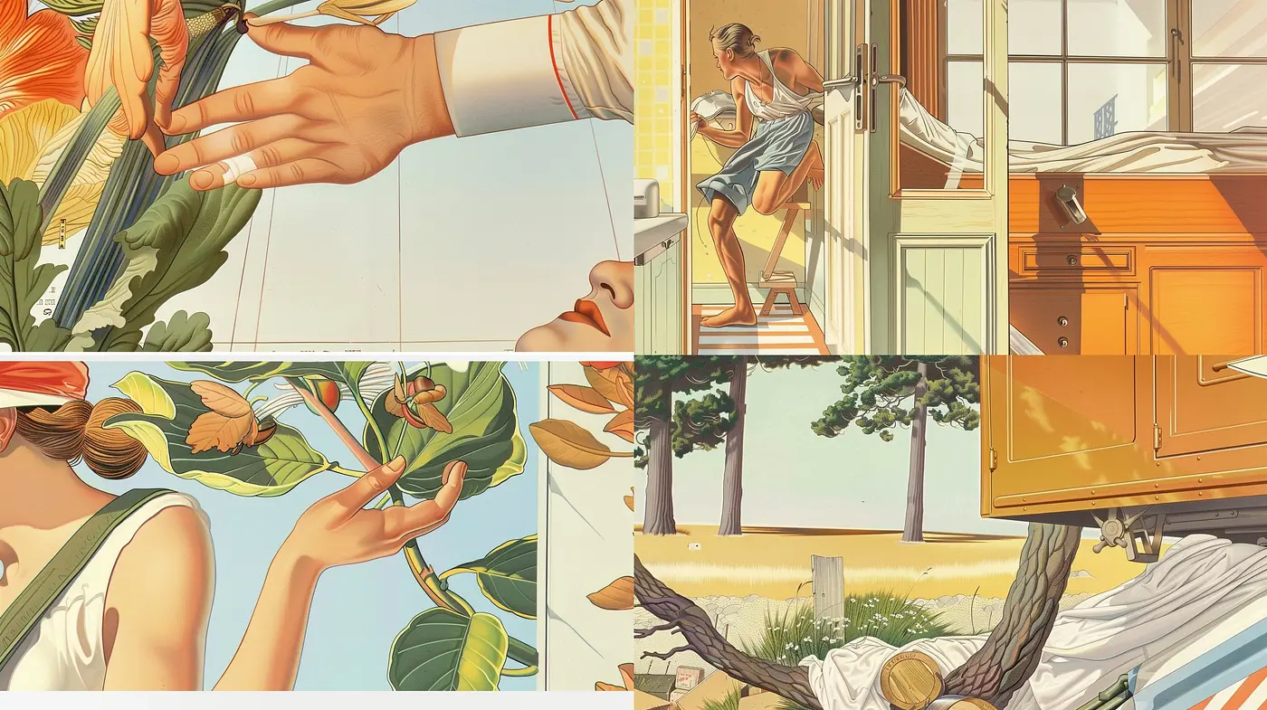 Sunlit Nostalgia: A Harmonious Blend of Warm Hues and Illustrative Realism - Midjourney sref style