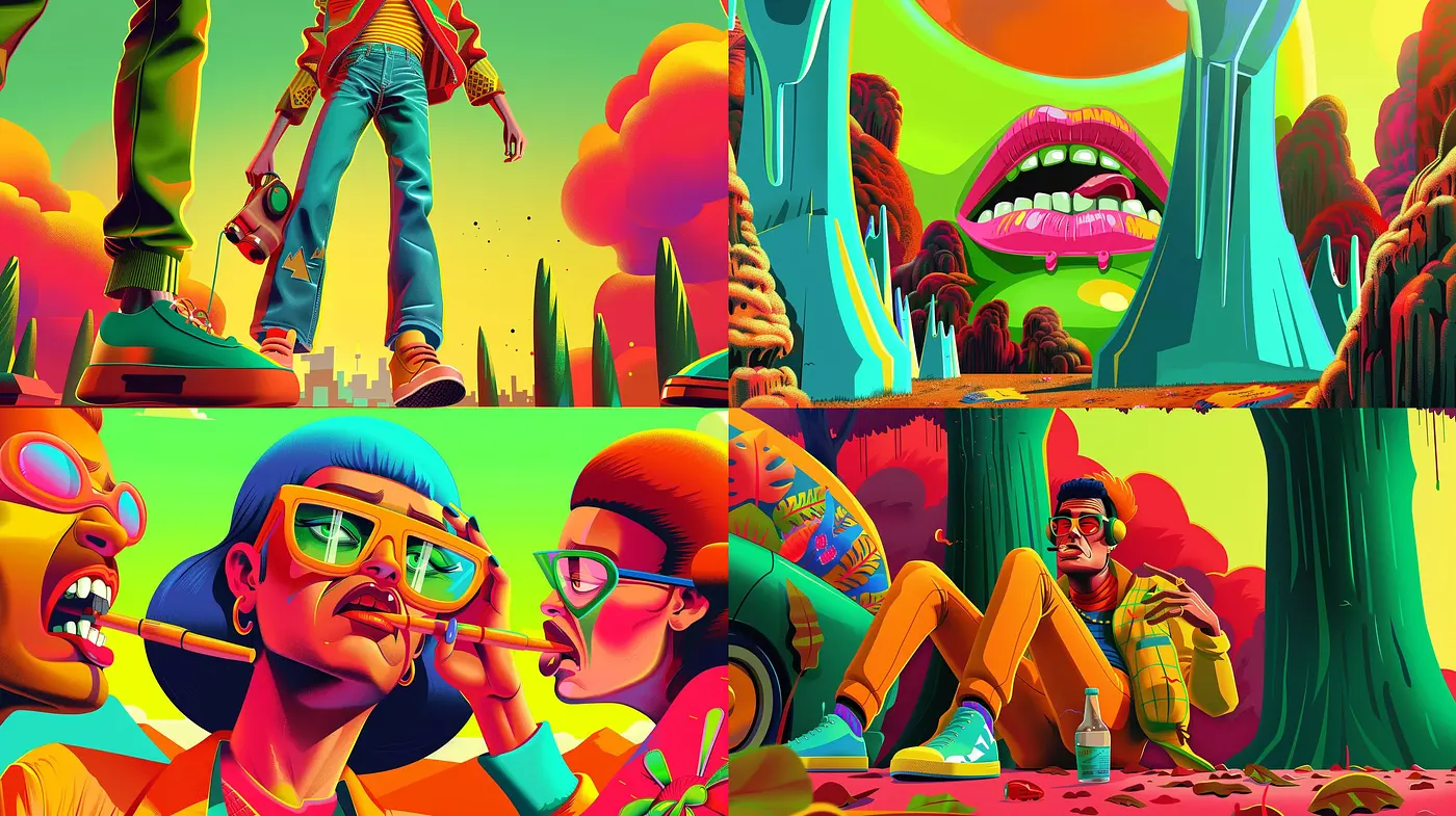 Surrealistic Dreamscape in Vivid Neon Tones - Midjourney sref style