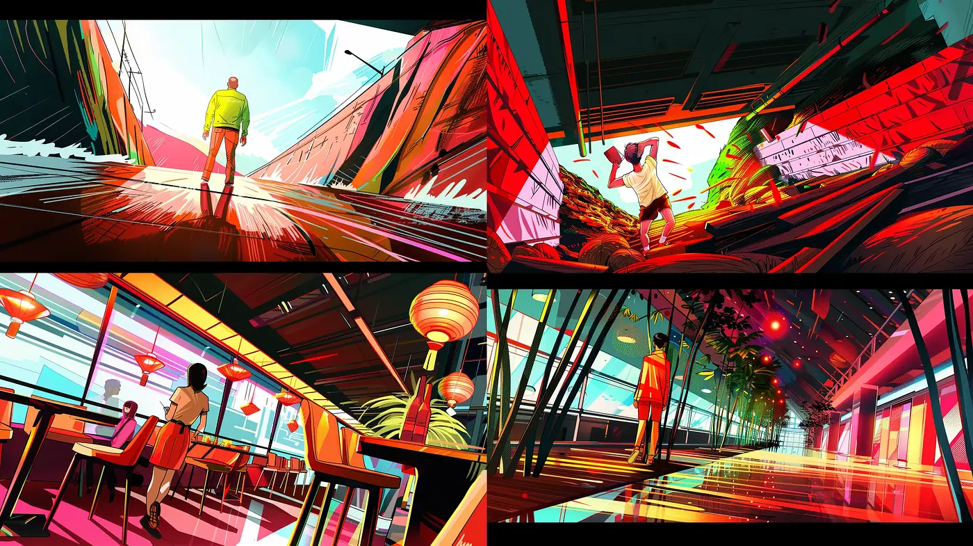 Futuristic Conceptual Art Blending Neon Hues with Dynamic Perspectives - Midjourney sref style