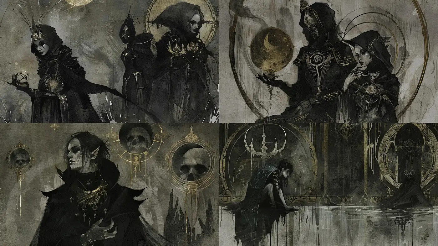 Gothic Reverie: Dusky Monochrome and Golden Accents - Midjourney sref style
