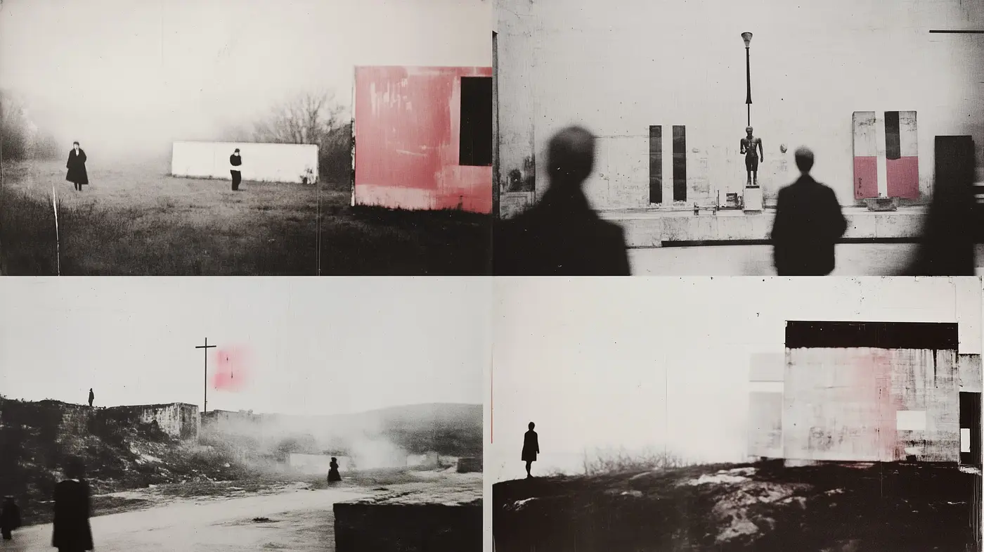 Monochromatic Melancholy with Hints of Red: A Study in Desolation and Time - Midjourney sref style