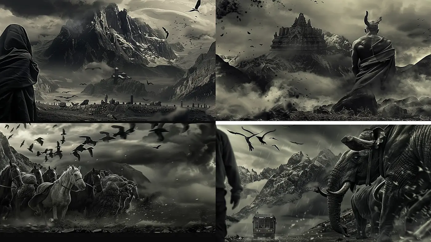 Monochromatic Epic Landscapes with Surreal and Fantastical Elements - Midjourney sref style