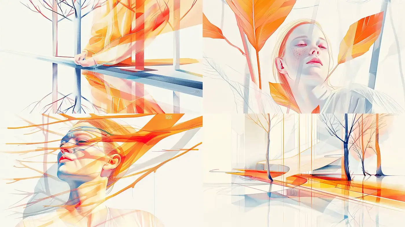 Vibrant Abstract Portraits with Nature Elements in a Dreamlike Atmosphere - Midjourney sref style
