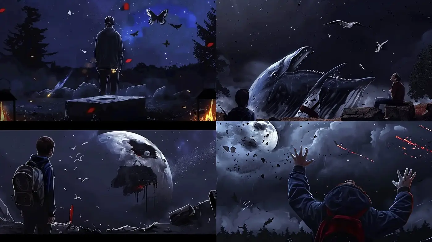 Nocturnal Mystique: Surreal Nightscapes with Ethereal Wildlife Interactions - Midjourney sref style