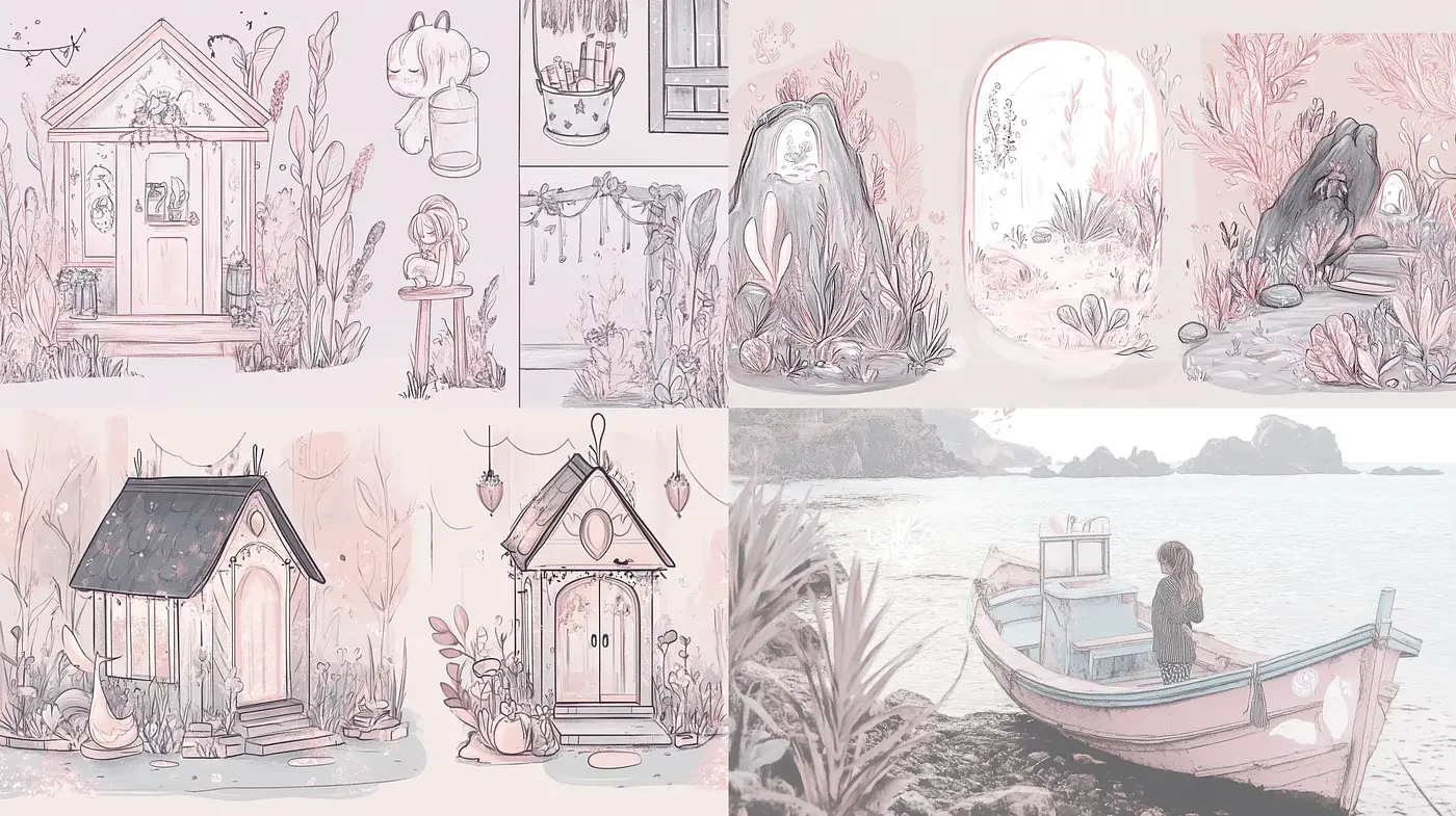 Rose-Tinted Reverie: Scenes in Monochromatic Blush - Midjourney sref style
