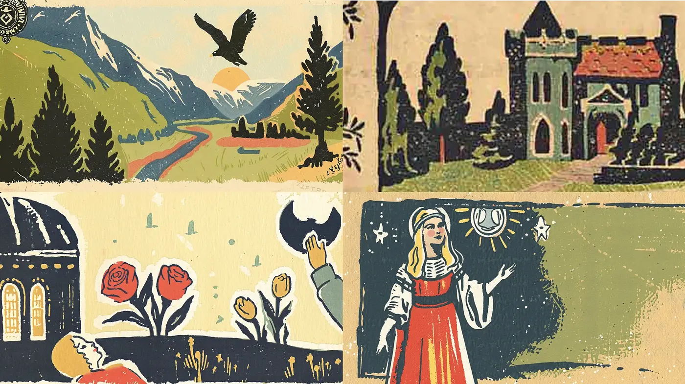 Retro Folk Art Fusion with Nostalgic Storybook Aesthetics - Midjourney sref style