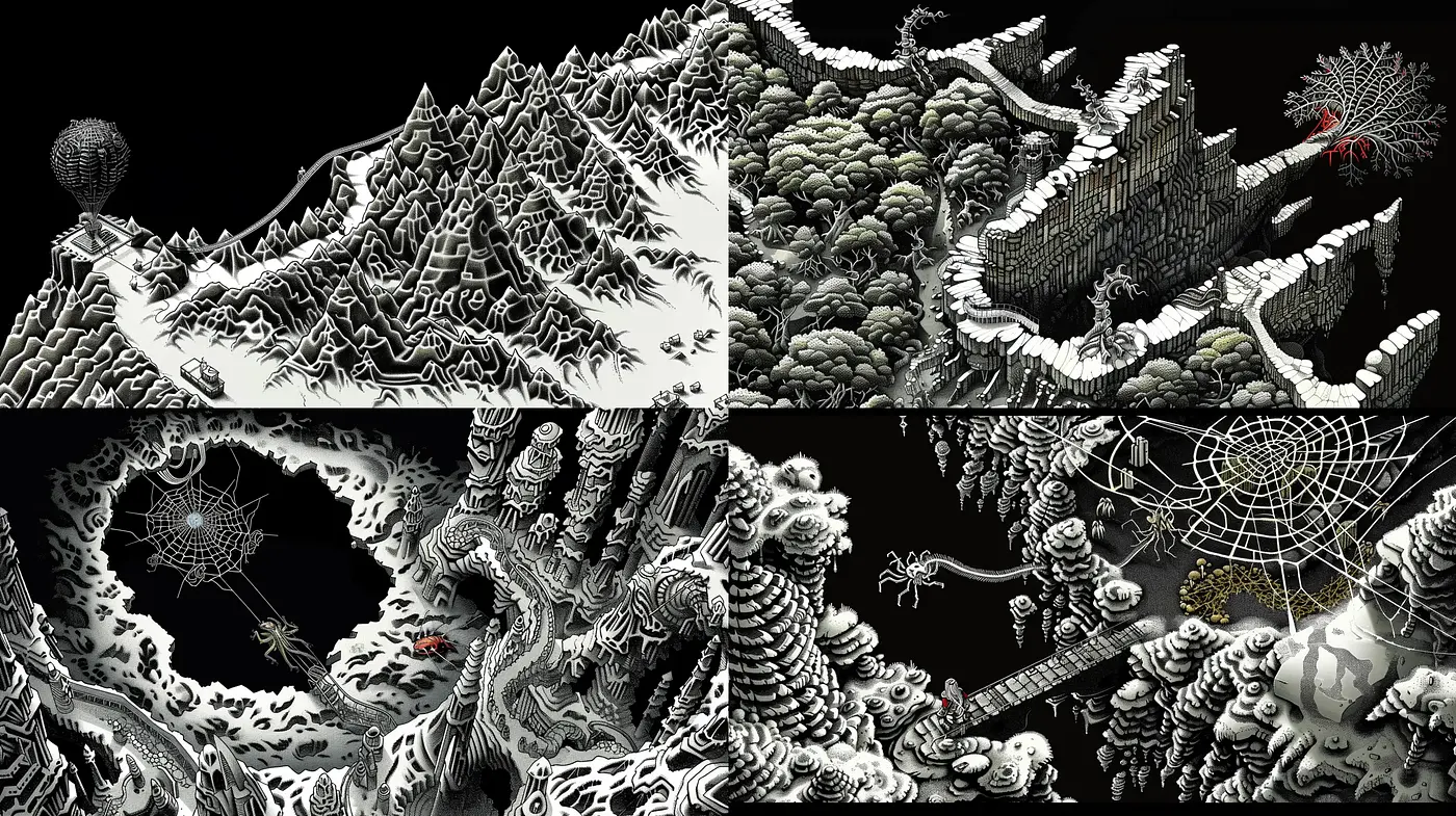 Monochromatic Fantasia of Surreal Landscapes and Creatures - Midjourney sref style