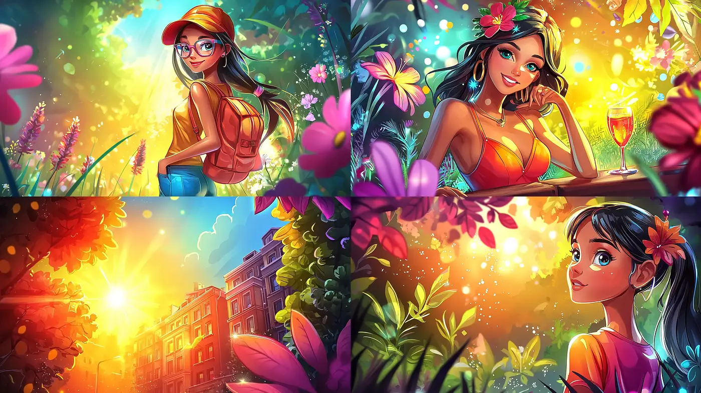 Radiant Sunset Glow in Lush Fantasy Illustration - Midjourney sref style