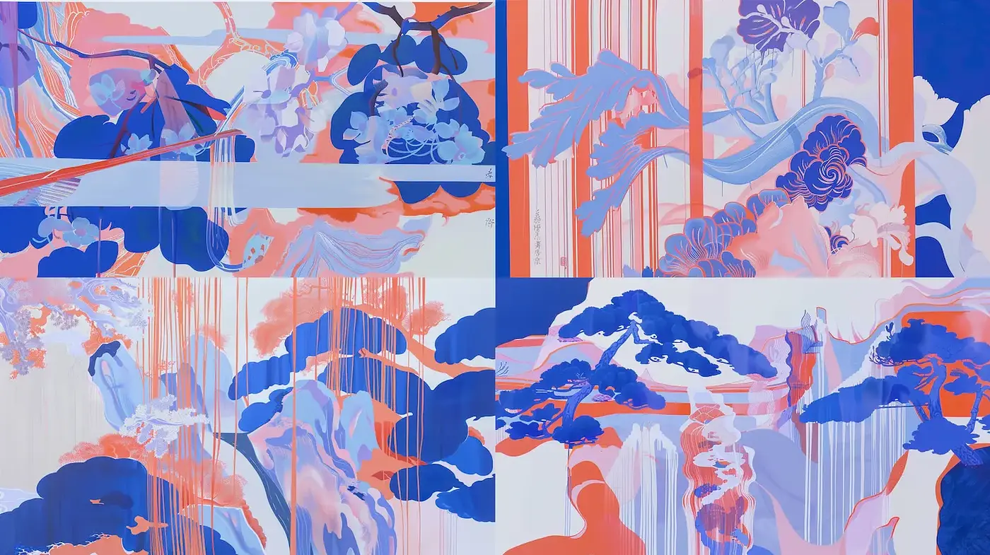 Serene Abstract Landscapes with Harmonious Color Schemes and Flowing Forms - Midjourney sref style