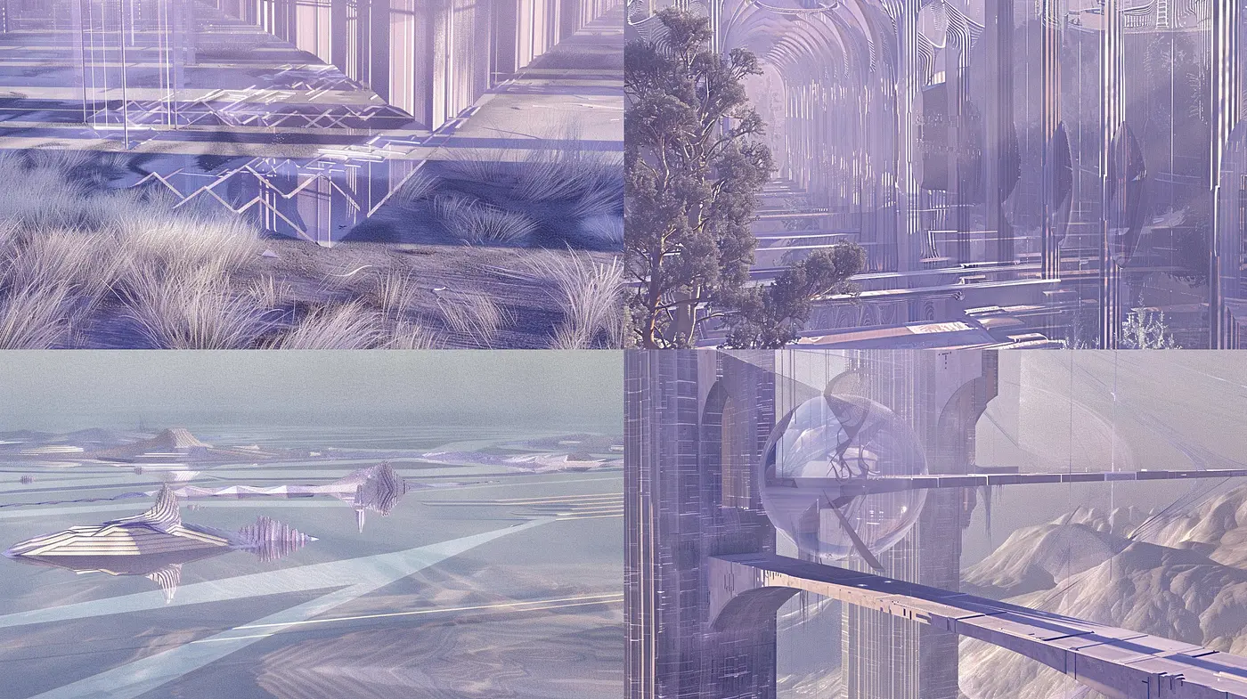 Ethereal Visions in Purple: A Synthesis of Surreal Landscapes and Soft Hues - Midjourney sref style