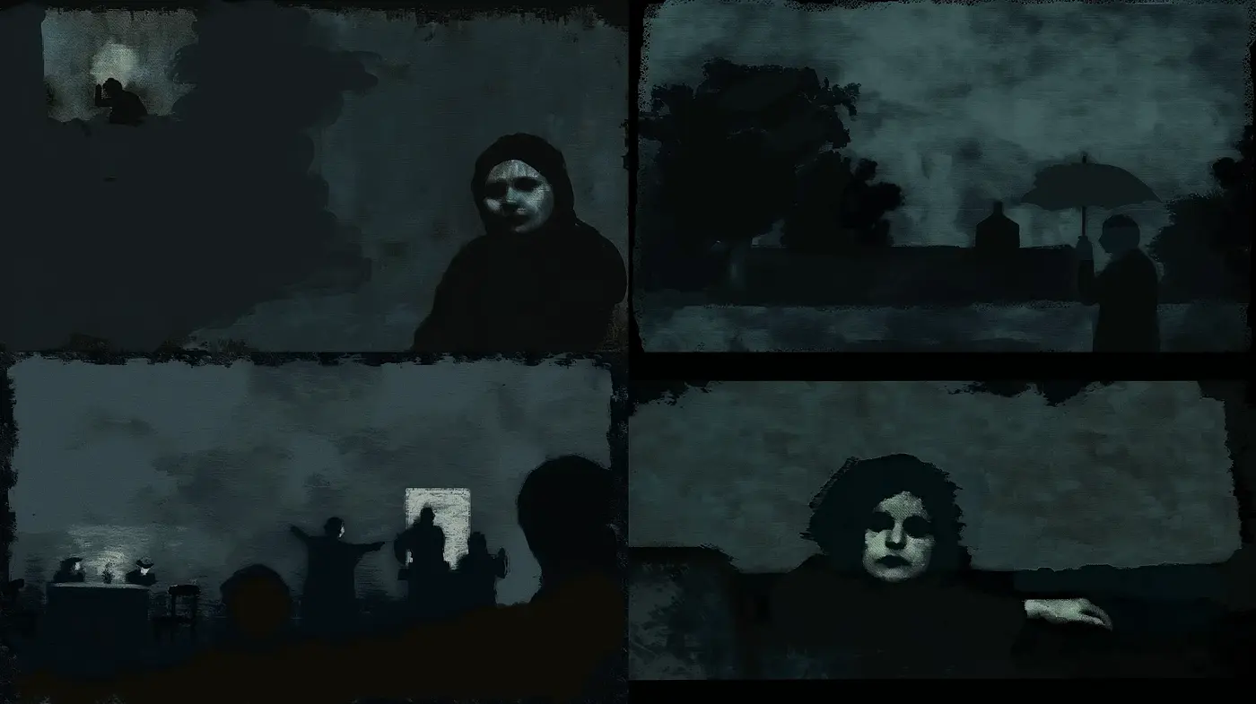 Gloomy Noir Ambiance with Monochromatic Mystery - Midjourney sref style