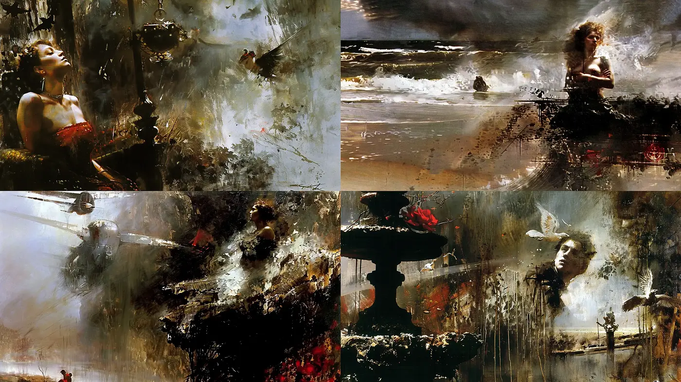 Ethereal Melancholic Impressions in Sepia and Crimson - Midjourney sref style