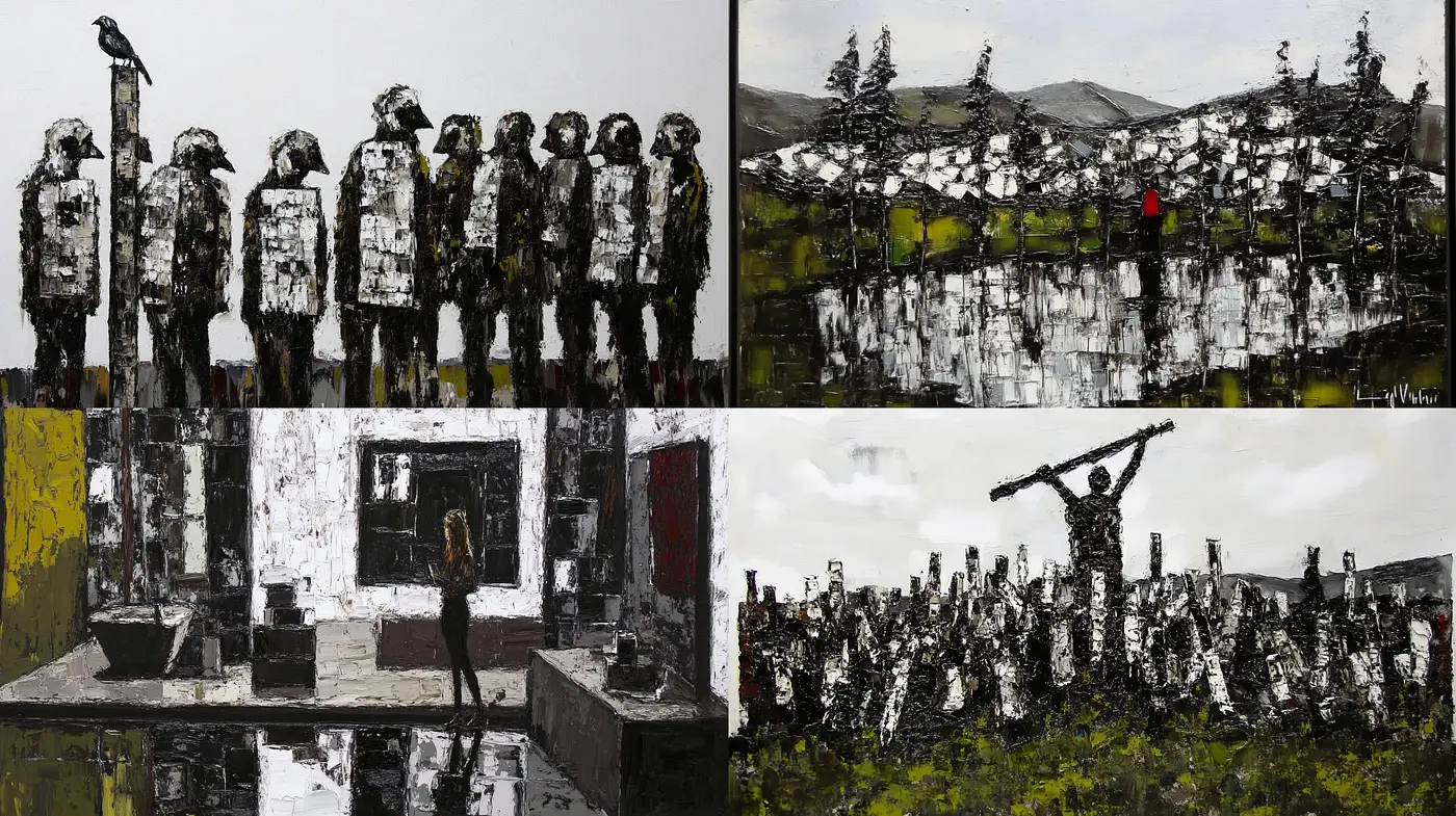 Stark Contrast and Textured Realism in Monochromatic Compositions - Midjourney sref style
