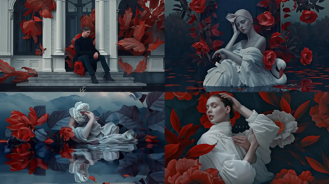 Elegant and Surreal Representation of Figures Surrounded by Lush Botanicals - Midjourney sref style