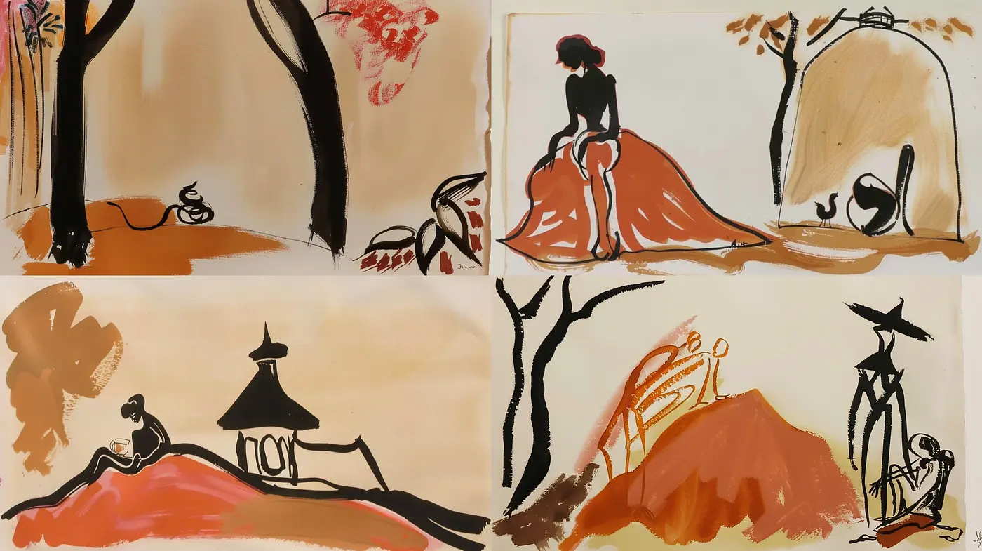 Harmonious Brushwork in Sepia: A Consistent Dance of Warm Tones and Expressive Silhouettes - Midjourney sref style