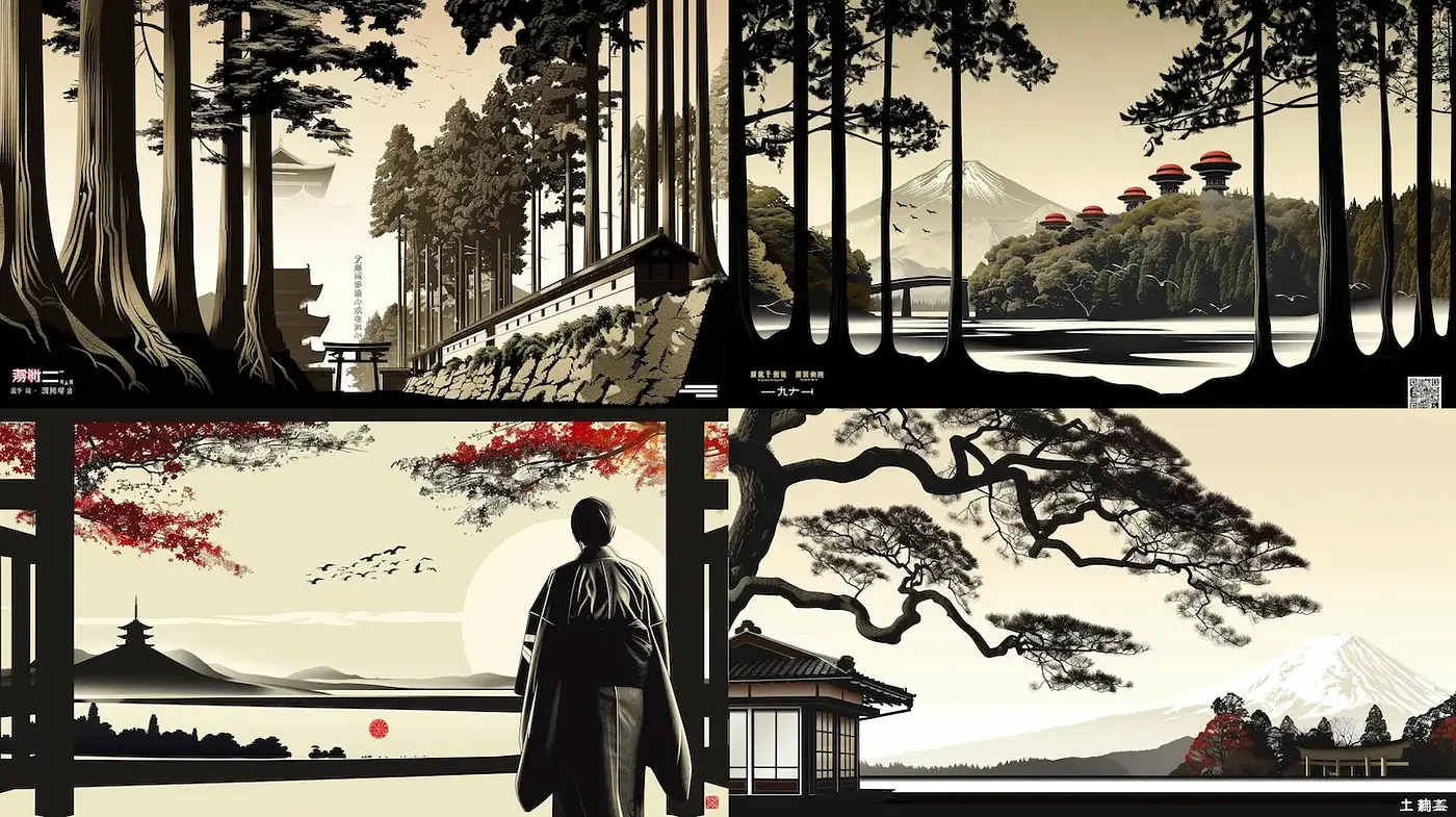 Modern reinterpretation of traditional Japanese landscape art with a minimalistic approach - Midjourney sref style