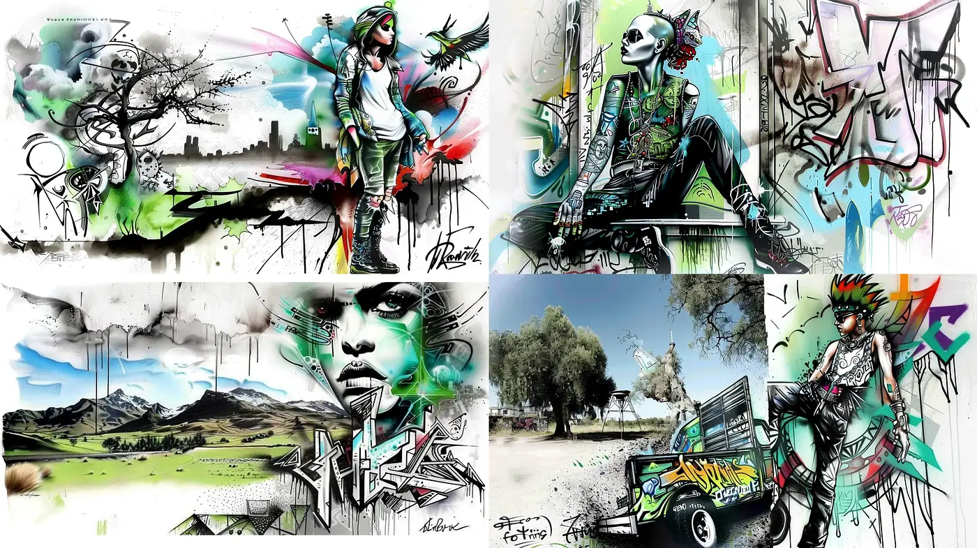 Urban Graffiti Fusion with Surreal Portraits - Midjourney sref style