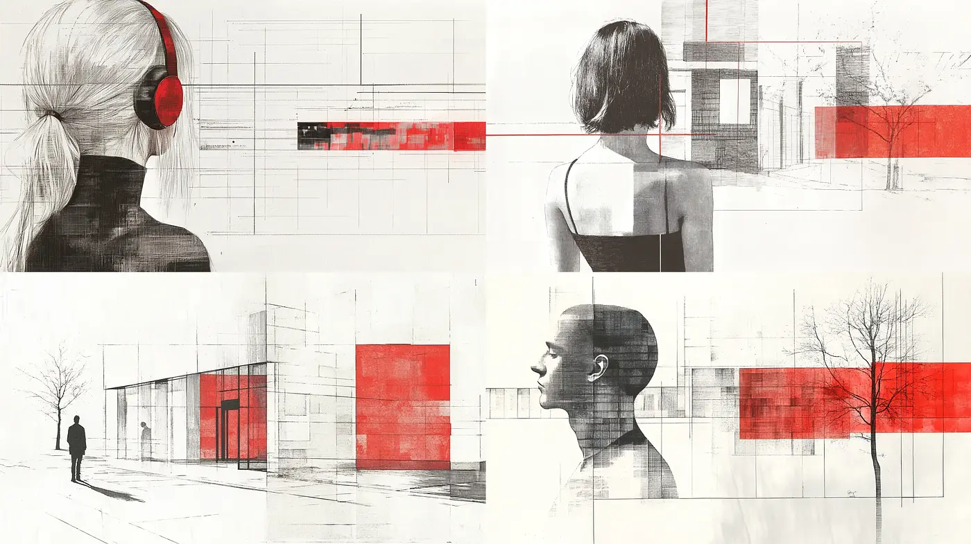Architectural Precision and Vivid Accents in a Monochromatic World - Midjourney sref style
