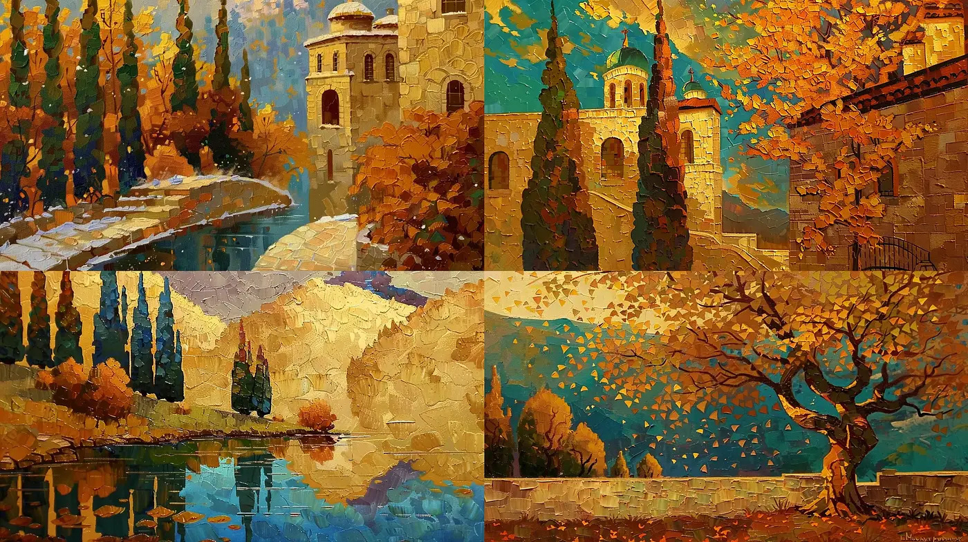 Autumnal Hues and Textured Mosaic Tapestry - Midjourney sref style