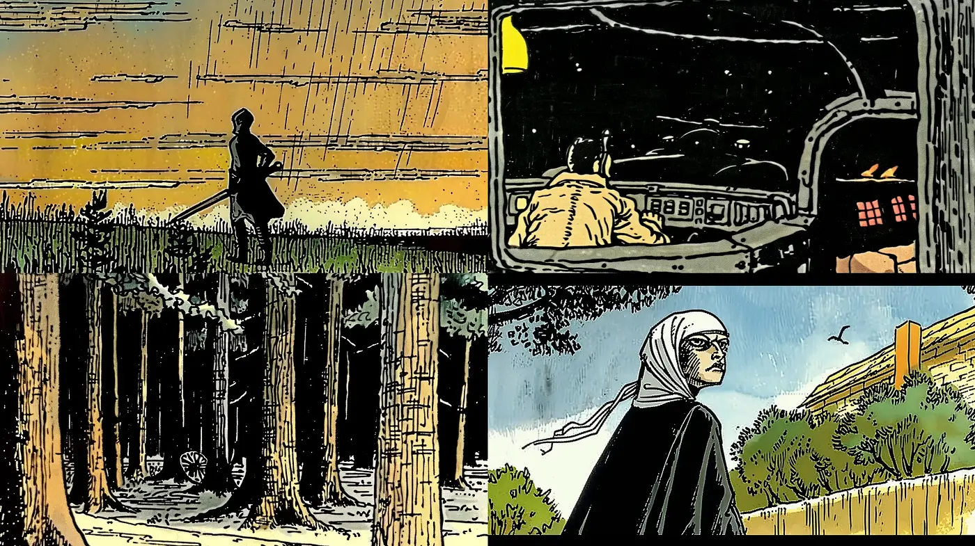 Graphic Novel Inspired Cross-Hatched Serenity with Earthy Tones - Midjourney sref style