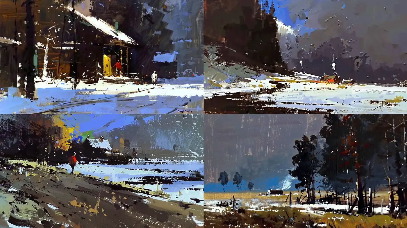 Winter's Brushstroke Harmony: A Textured Display of Impressionist-Inspired Snowscapes - Midjourney sref style
