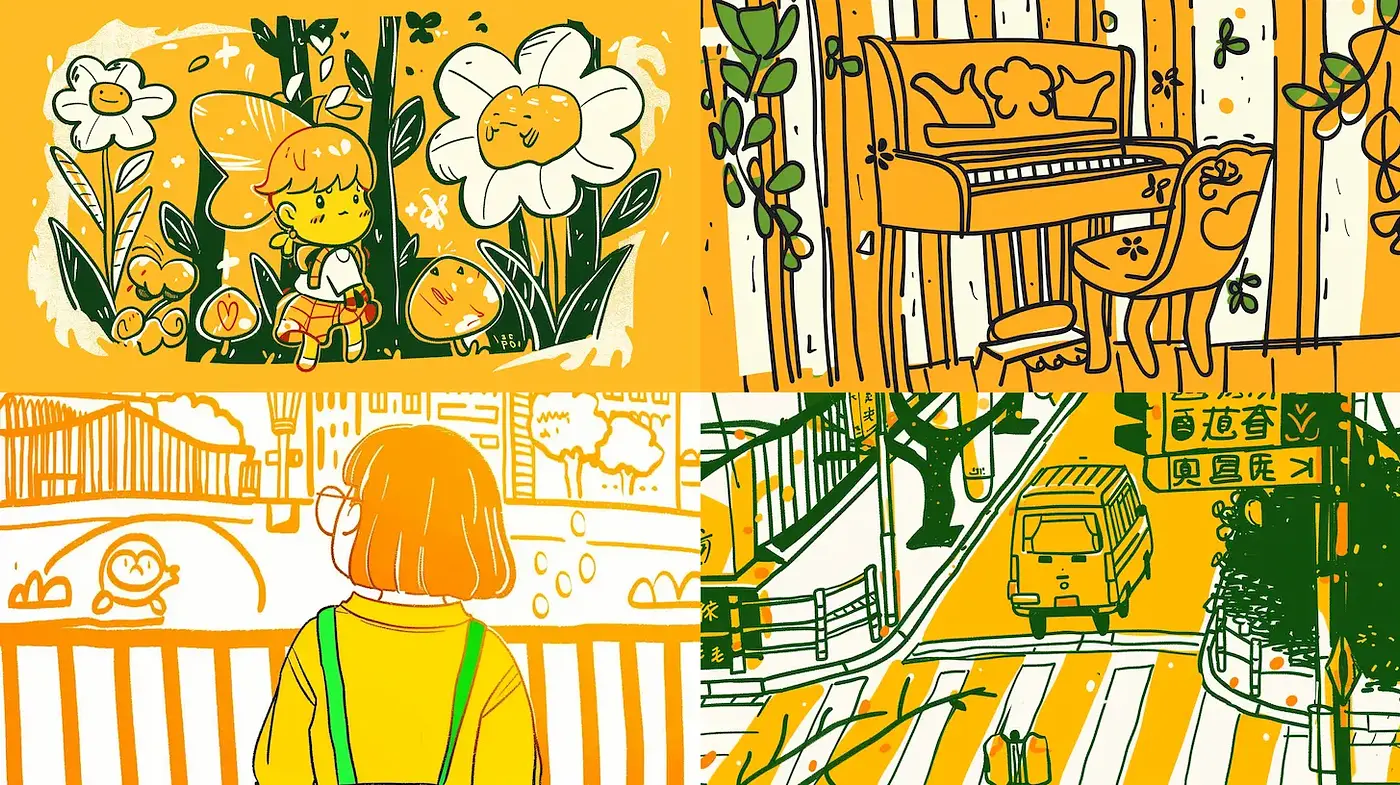 Playful and Whimsical Illustrations with a Sunny Palette - Midjourney sref style