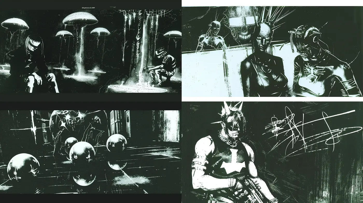 Enigmatic Monochrome Shadows: An Odyssey in Stark Contrasts and Cyberpunk Echoes - Midjourney sref style