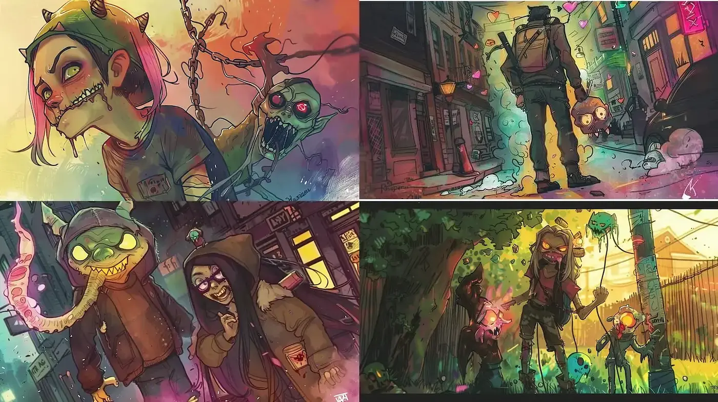 Vibrantly Dark Urban Fantasy Art with Playful Yet Ominous Undertones - Midjourney sref style