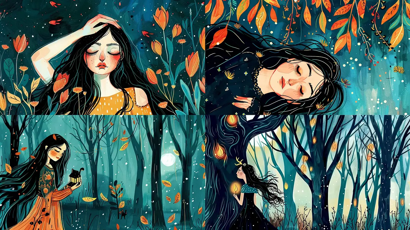 Moonlit Melancholy: A Poetic Harmony of Twilight Hues and Whimsical Illustration - Midjourney sref style