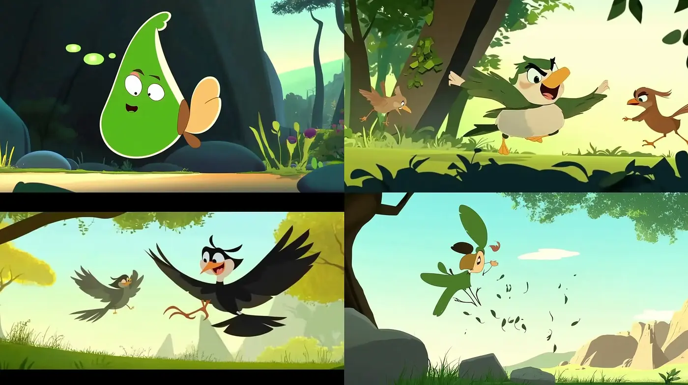 Lighthearted Animated Nature Scenes with Vibrant Cartoon Dynamics - Midjourney sref style
