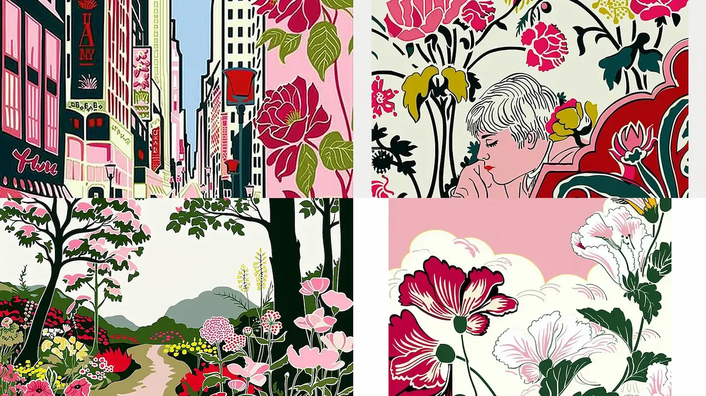 Vibrant Illustrative Style with Floral Motifs and Urban Elements - Midjourney sref style
