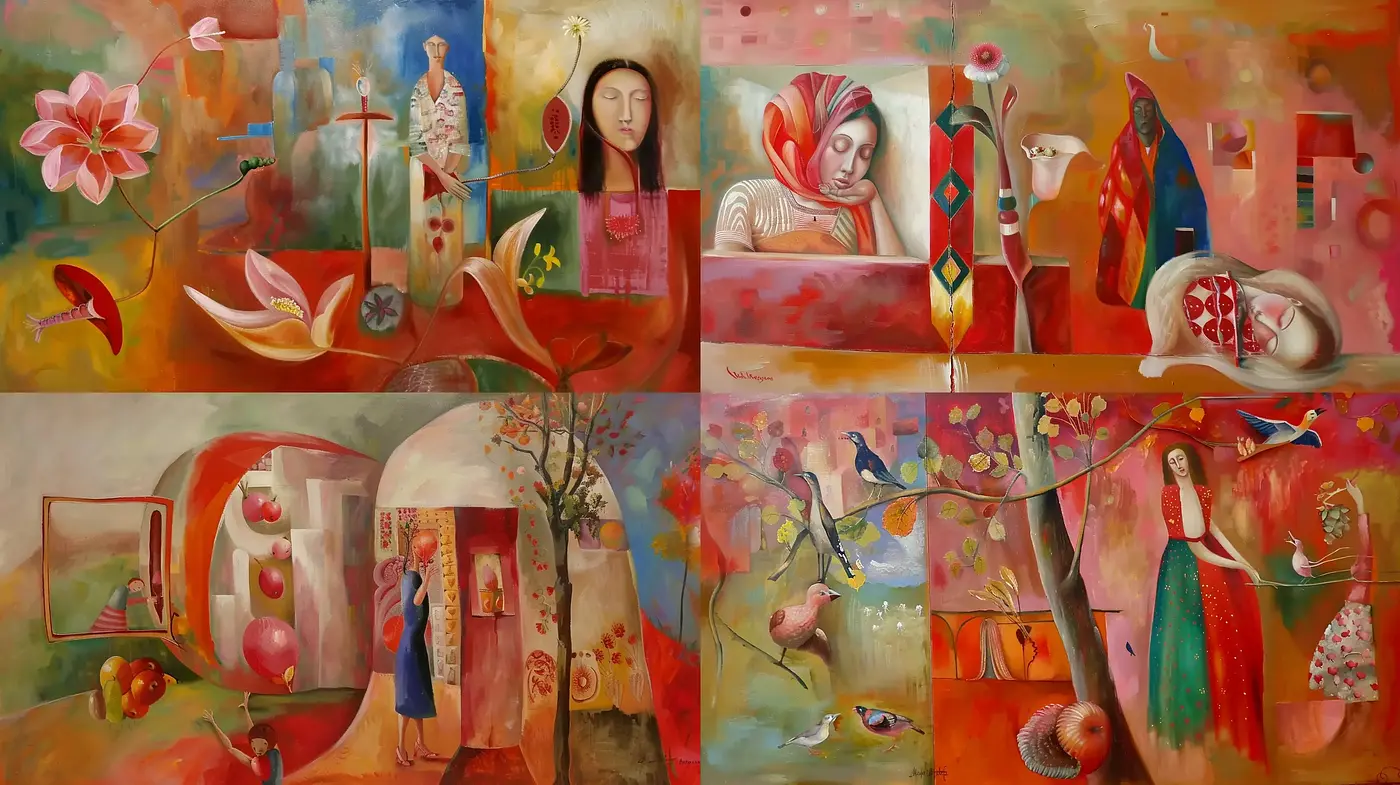 Whimsical Fusion of Surrealism and Contemporary Folk - Midjourney sref style