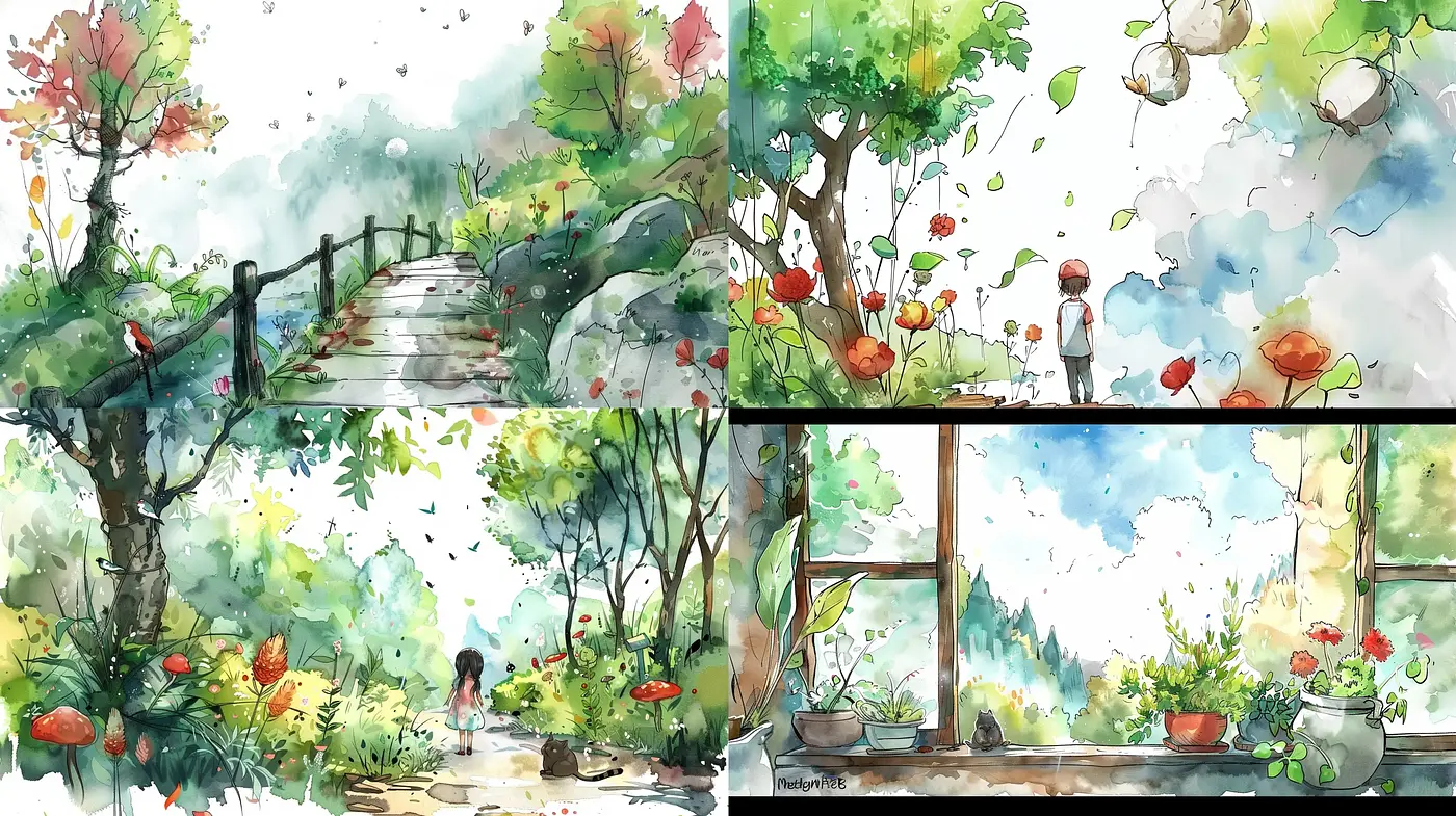 Whimsical Watercolor Garden Dreamscape - Midjourney sref style