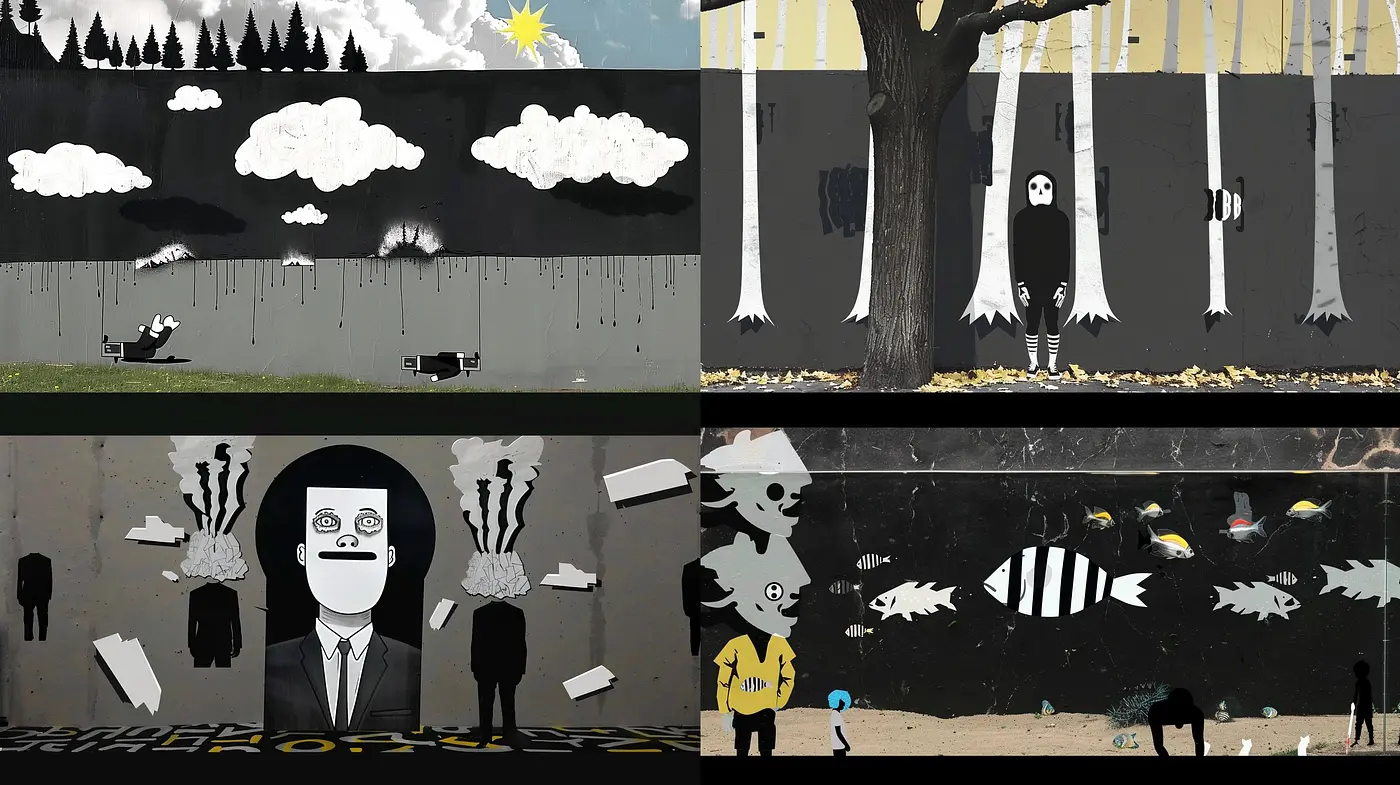 Monochromatic Surrealism with a Hint of Street Art Influence - Midjourney sref style