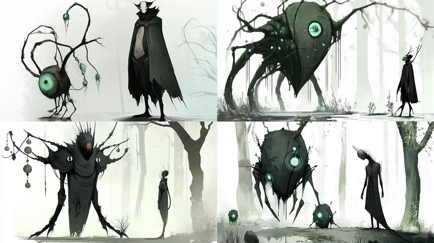 Ethereal Enigmatic Entities Amidst Misty Monochrome Forests - Midjourney sref style