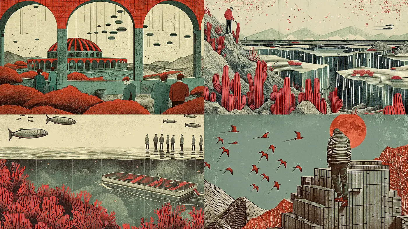 Surreal Retro-Futuristic Landscape in Stylized Earth Tones - Midjourney sref style