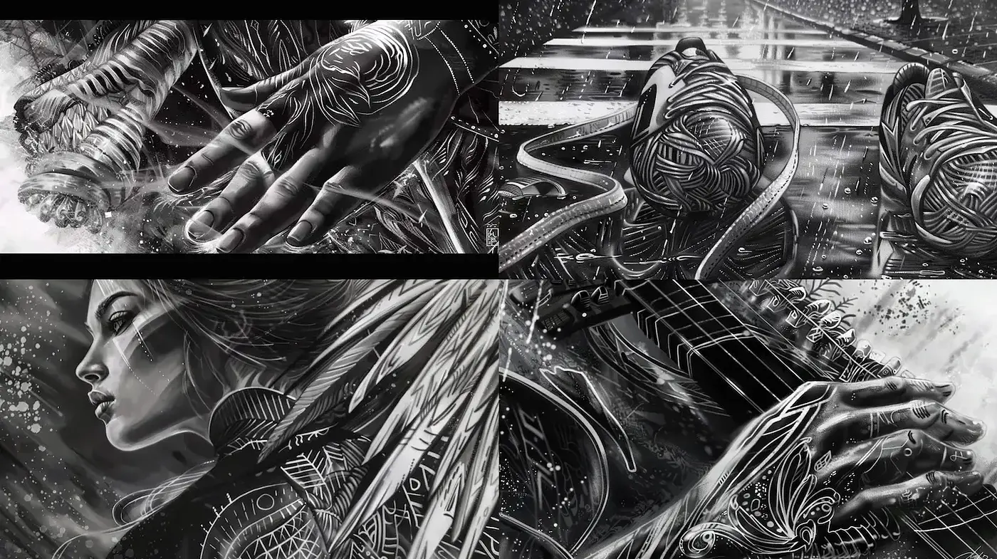 Intricate monochrome artistry with a dynamic and textured feel - Midjourney sref style