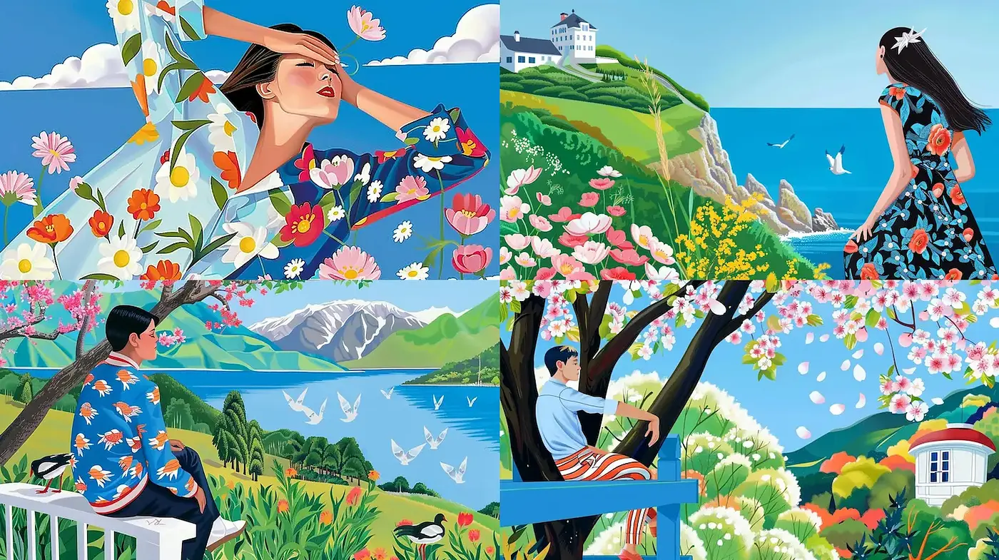 Colorful and Vibrant Illustrations with Nature Themes and a Whimsical Touch - Midjourney sref style