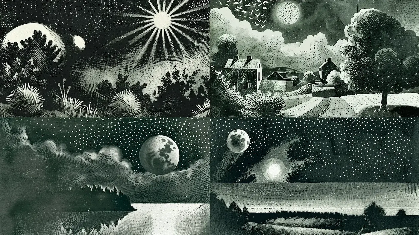 Ethereal Landscapes in Monochrome with Retro Influences - Midjourney sref style