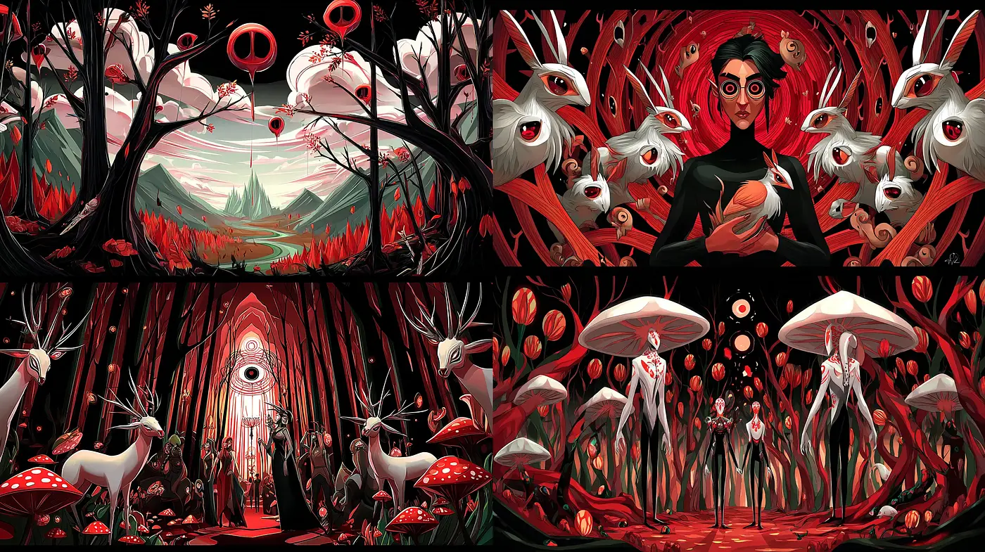 Darkly whimsical illustrations with surreal elements and striking contrasts - Midjourney sref style