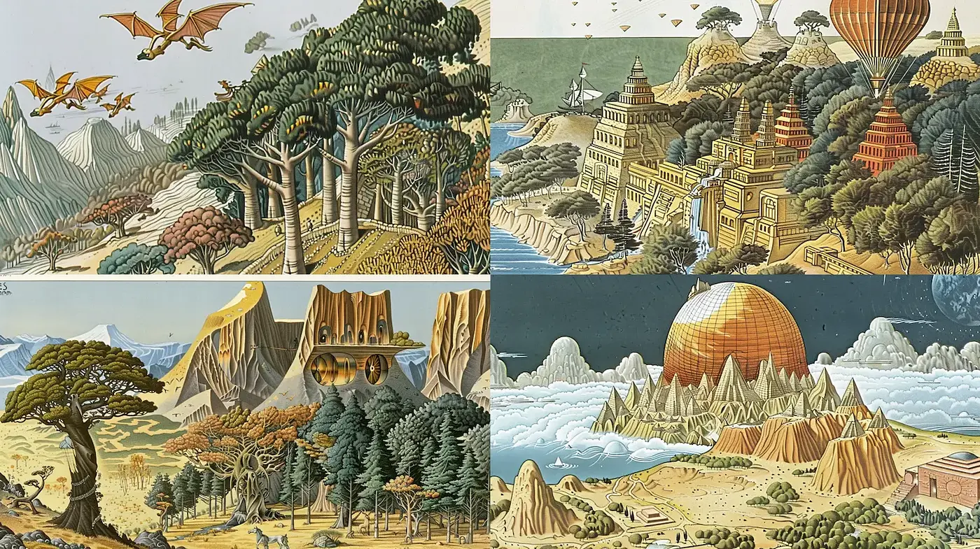 Cinematic Landscapes with Surreal and Retro Elements - Midjourney sref style
