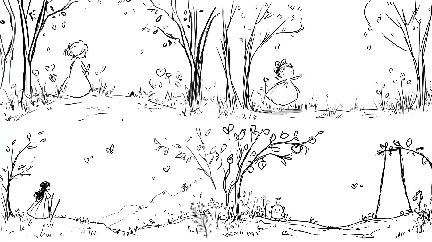 Whimsical Monochrome Sketches of Serenity - Midjourney sref style