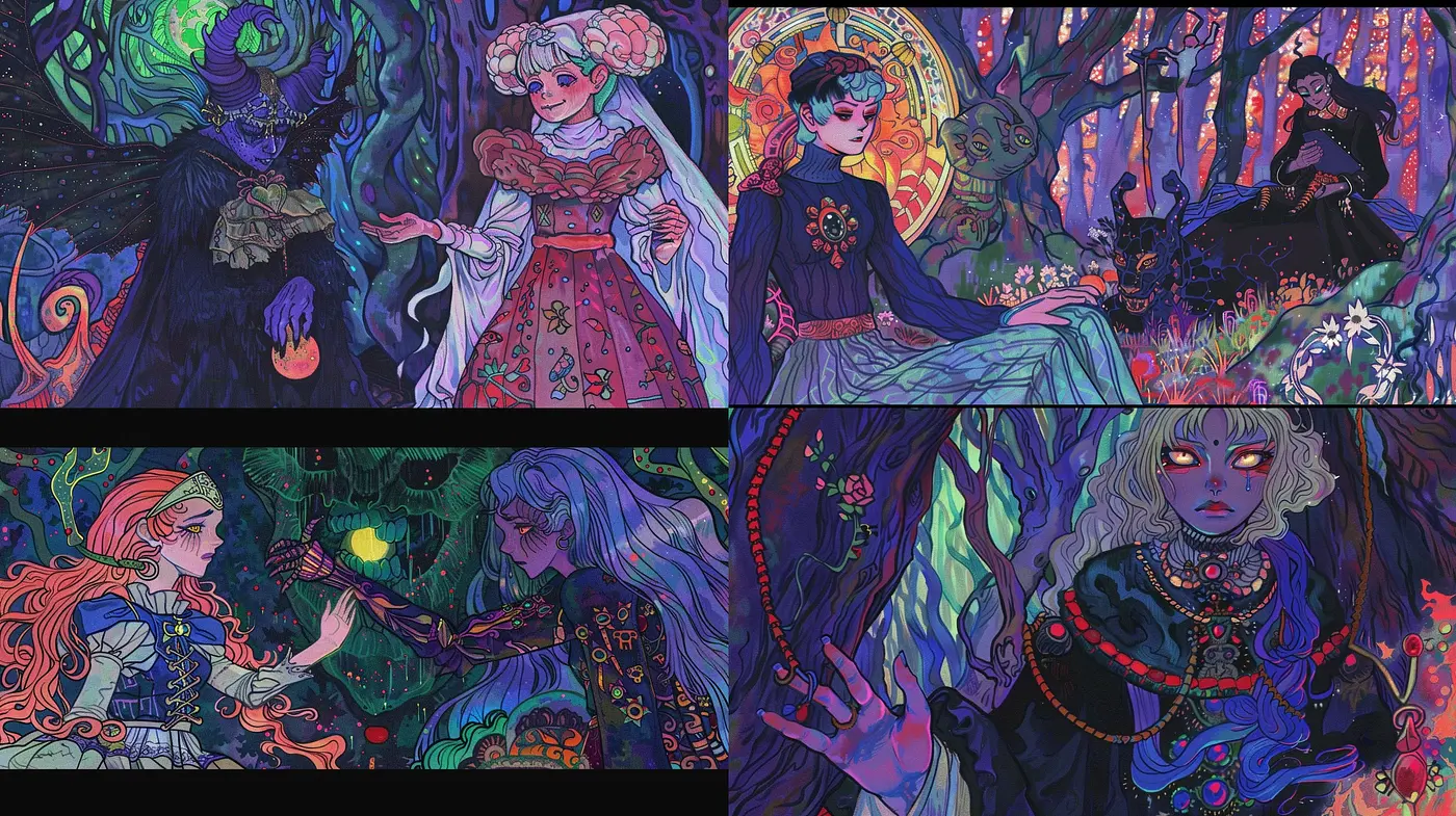 Mystical Nocturne: A Tapestry of Phantasmagorical Vignettes in Enigmatic Hues - Midjourney sref style