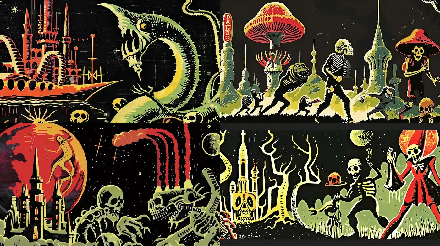 Retro Sci-Fi Horror with Bold Illustrative Elements - Midjourney sref style
